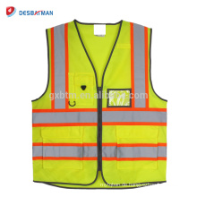 Top 100% Polyester High Visibility Construction Sicherheitsweste mit Taschen und Reißverschluss Double Horizontal Reflective Strips Gelb